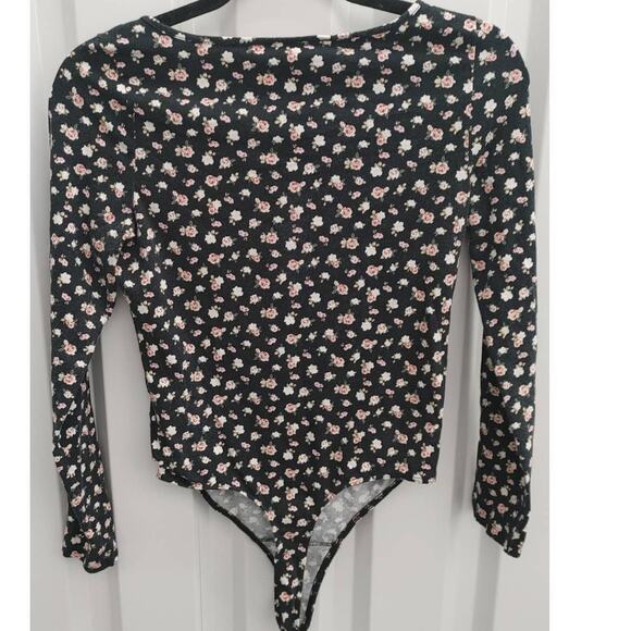 Victoria's Secret PINK Bodysuit Floral Thong Black Medium Y2K V-Neck - Picture 6 of 7